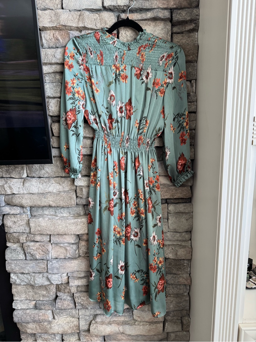 Zara Sage Green Floral Smocked Midi Dress